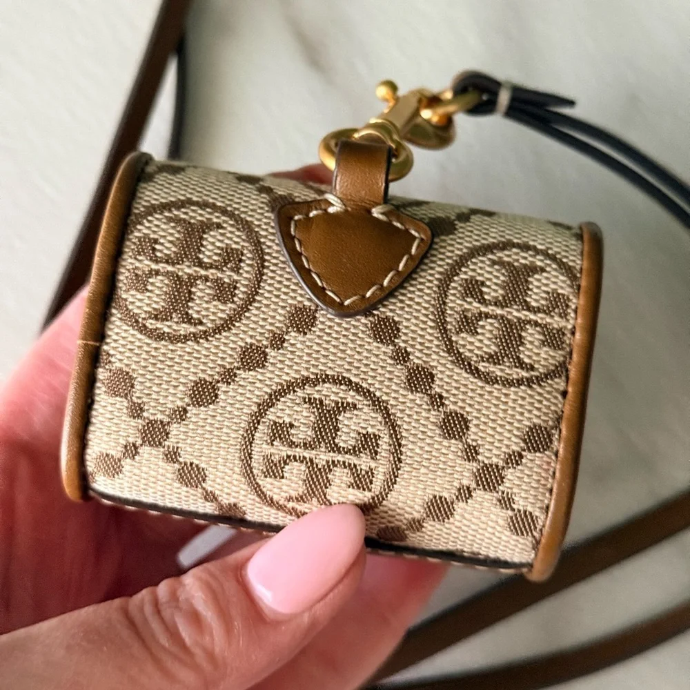Tory Burch Tan Logo AirPod Holder Bag Charm on Strap